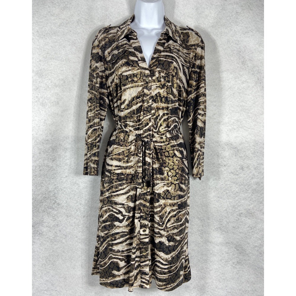 Cache Shirt Dress Women's Large Brown 1/4 Button Long Sleeves Shimmer